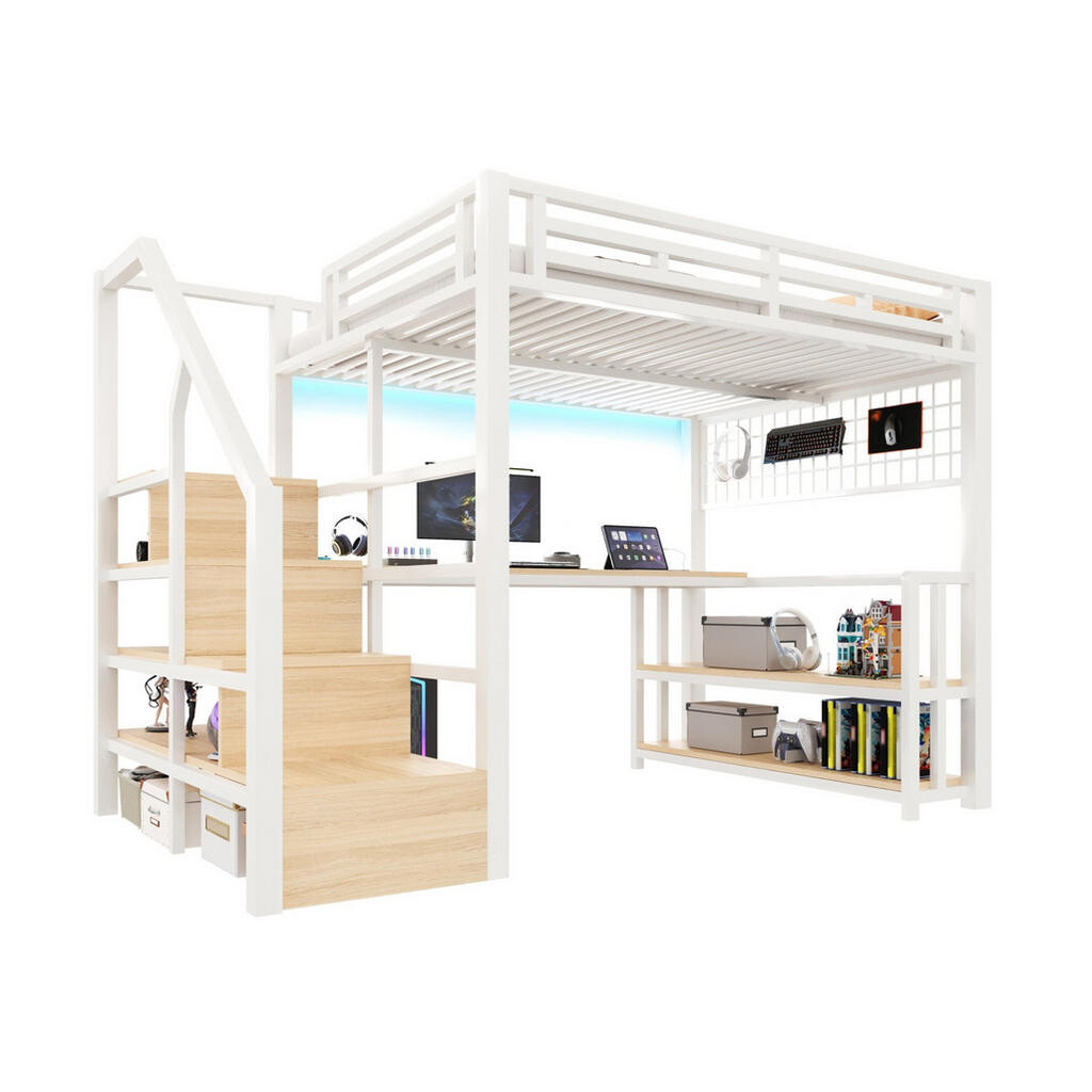Redom VYSOKÁ postel 140/200 cm s psacím stolem, LED osvětlením, USB a úložnými schody, kov/MDF, Bílá
