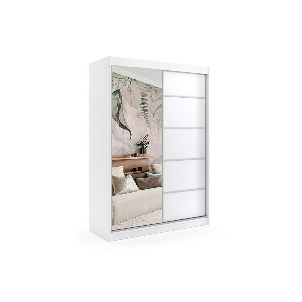 ALTDECOR ŠATNÍ SKŘÍŇ s zrcadlovými posuvnými dveřmi a hliníkovými lamelami – MAKI – 160 cm, bílá