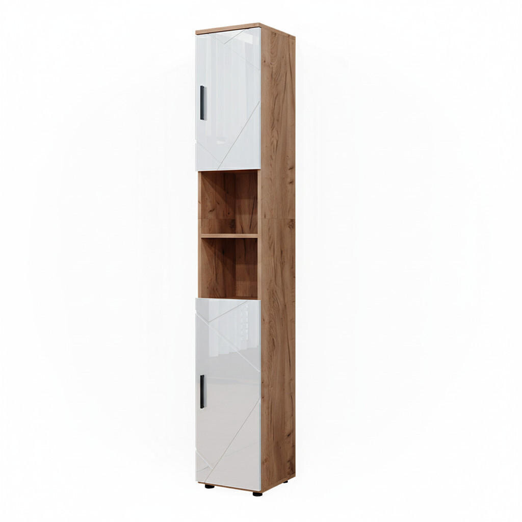 Vicco KOUPELNOVÁ SKŘÍŇKA Irma Bílý vysoký lesk/zlatý dub power 30 x 192 cm s dvířky a otevřenými přihrádkami