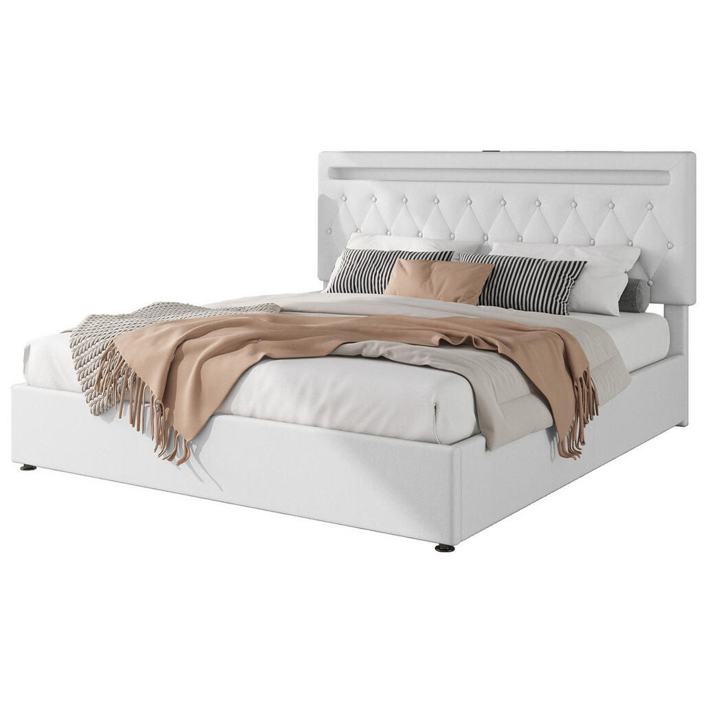 OKWISH ČALOUNĚNÁ postel 180/200 cm bílá z lnu a MDF s úložným prostorem a LED osvětlením