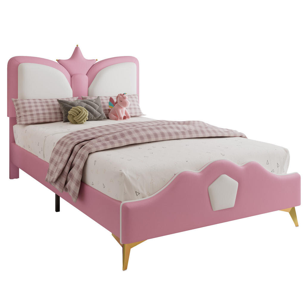 OKWISH DĚTSKÁ čalouněná postel 90/200 cm růžová a bílá z PU s korunovým čelem
