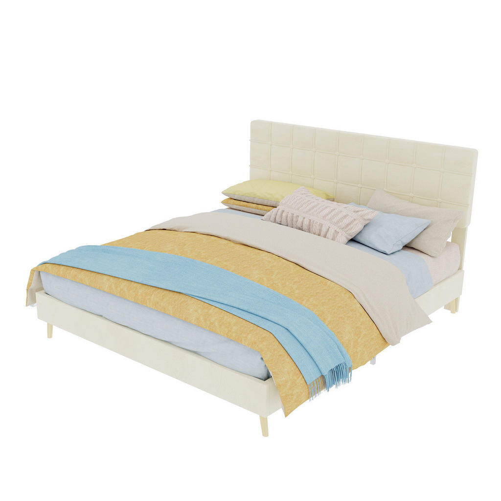 OKWISH ČALOUNĚNÁ postel 160/200 cm béžová z sametu s prošívaným čelem a dřevěnými nohami