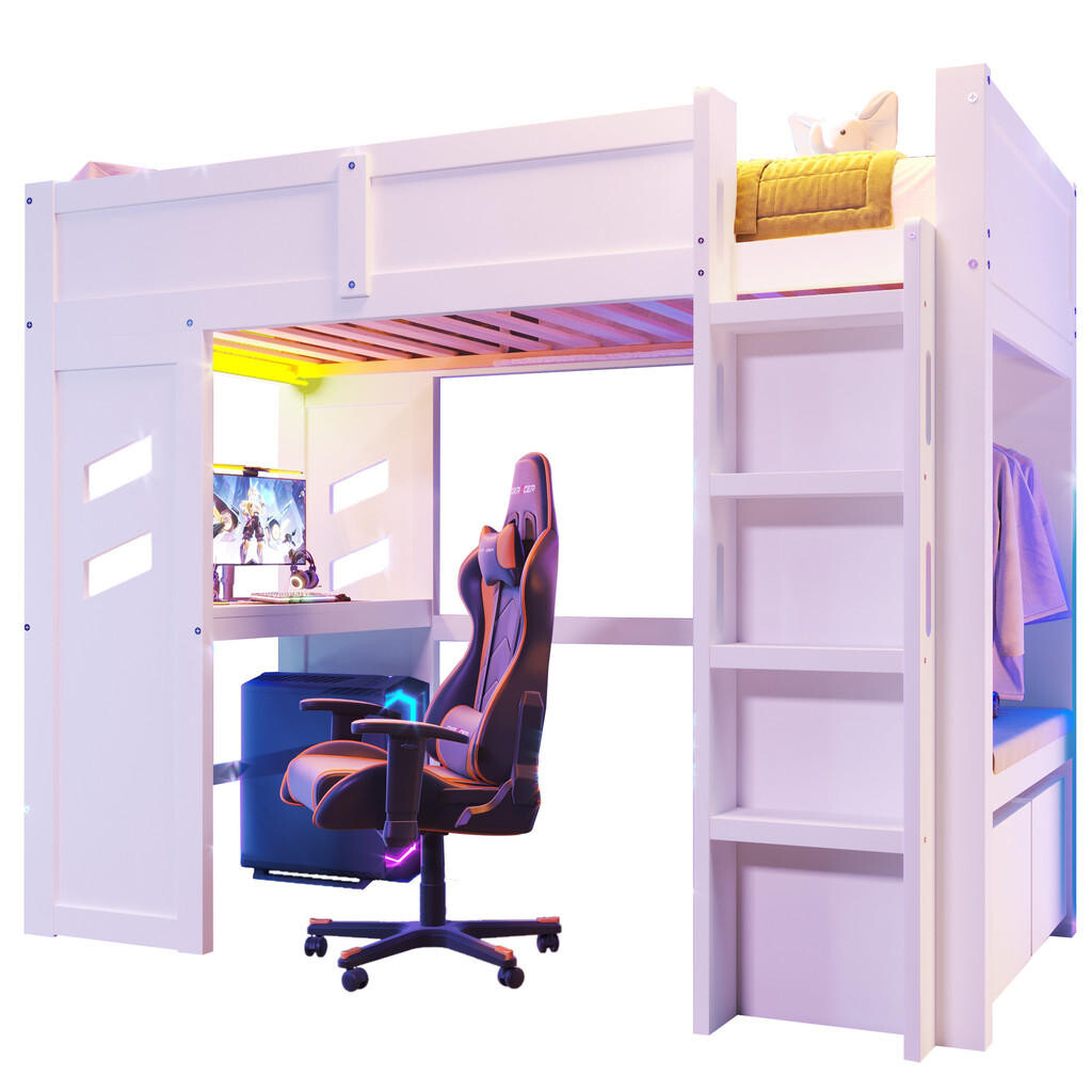 FLIEKS VYVÝŠENÁ POSTEL 90x200cm Gaming Stůl LED USB-C Bílá