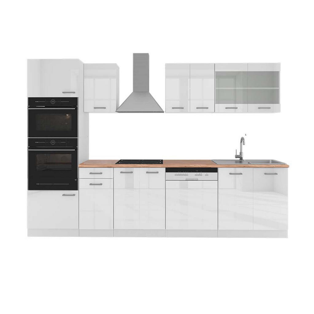 Vicco KUCHYŇSKÝ KOUT R-Line Bílá vysoký lesk 300 cm s vysokou skříní, PD Dub