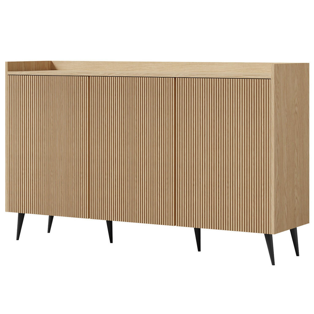 Beautysofa KOMODA Amfali se 3 dveřmi, drážkovaná čela, systém Push-to-open, kovové nohy, 150 cm, jarní dub
