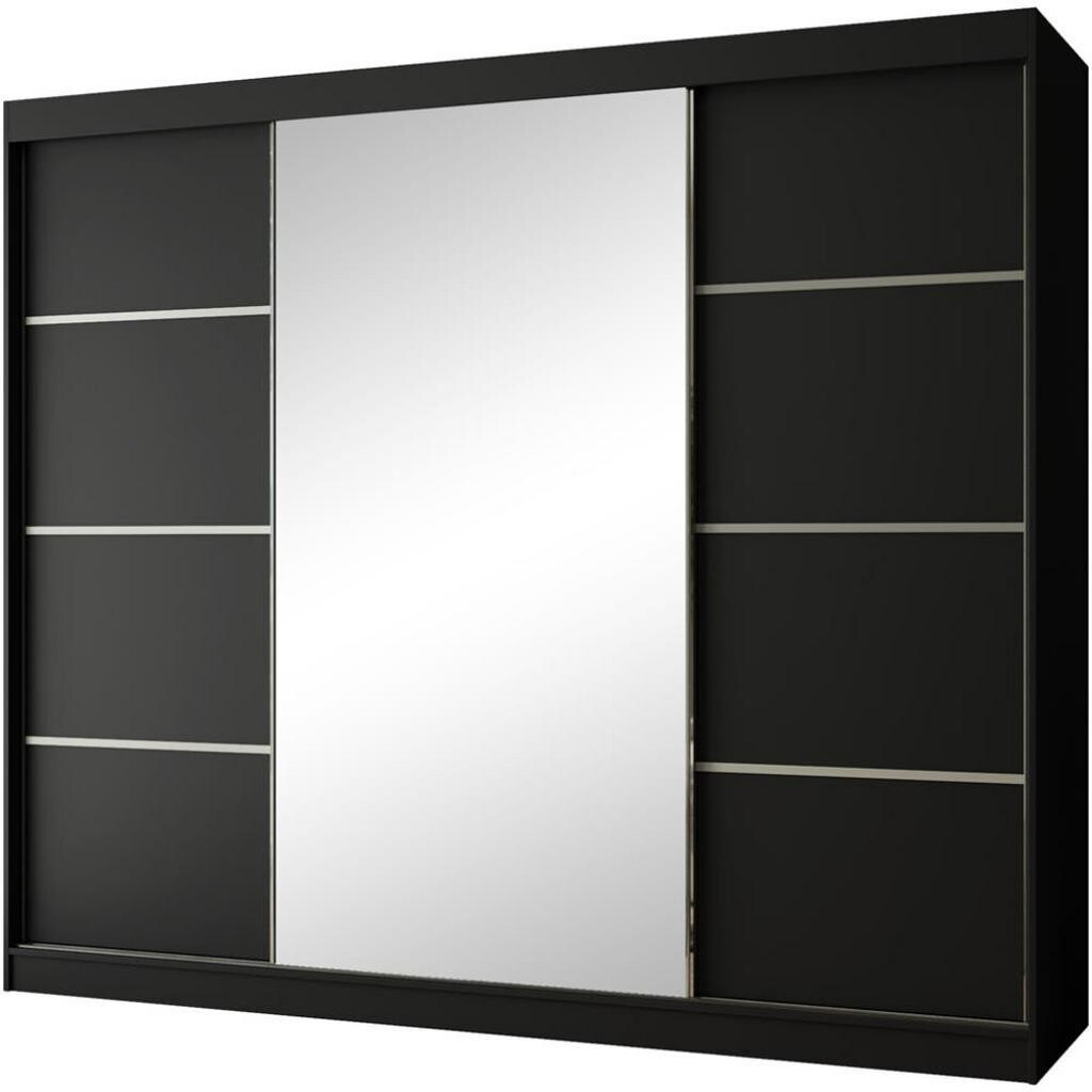 Beautysofa POSUVNÁ šatní skříň Paco 250/215/61, 3dveřová, černá, se zrcadlem