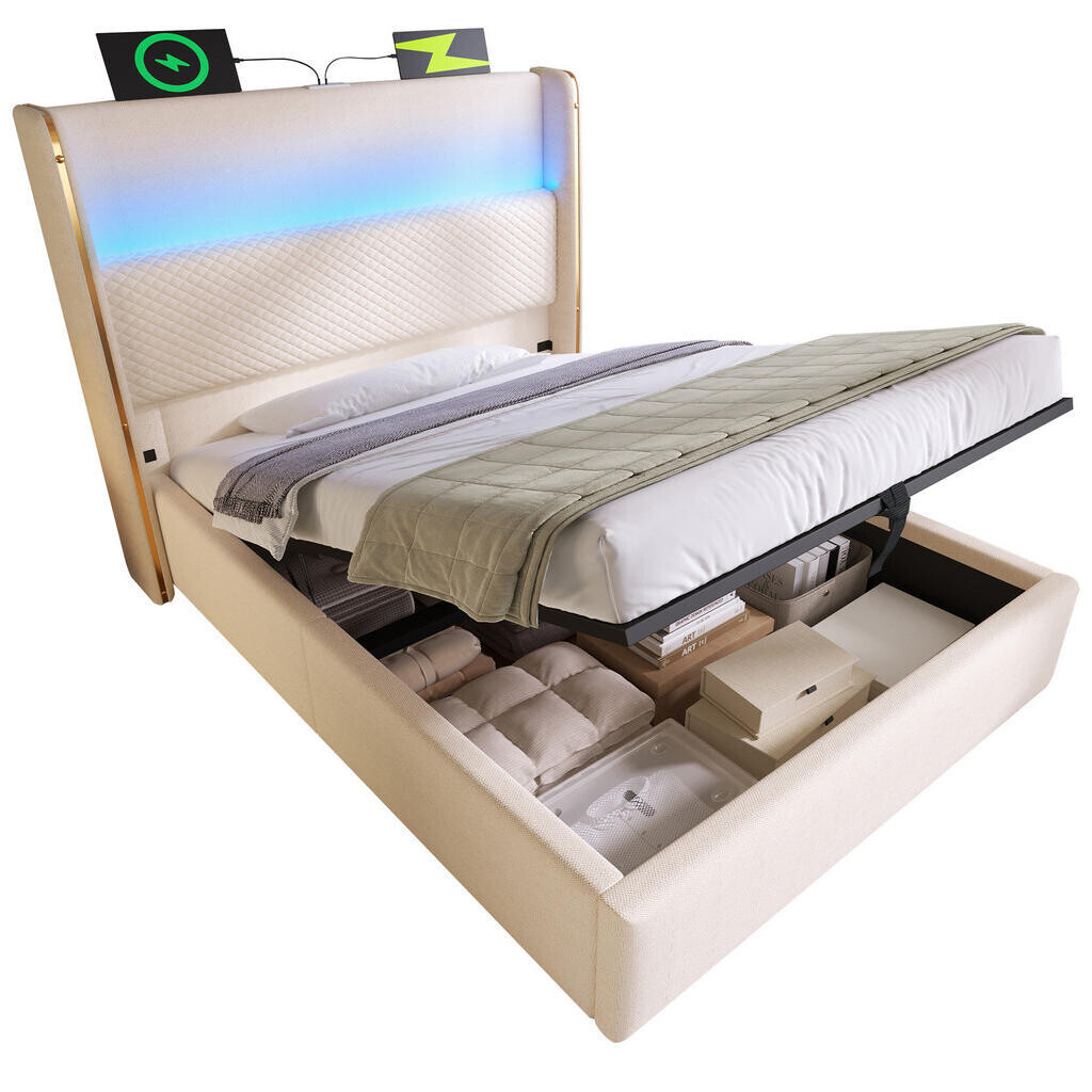 Redom ČALOUNĚNÁ postel 90/200 cm s LED osvětlením, hydraulickým úložným prostorem a USB/Type-C portem, Béžová