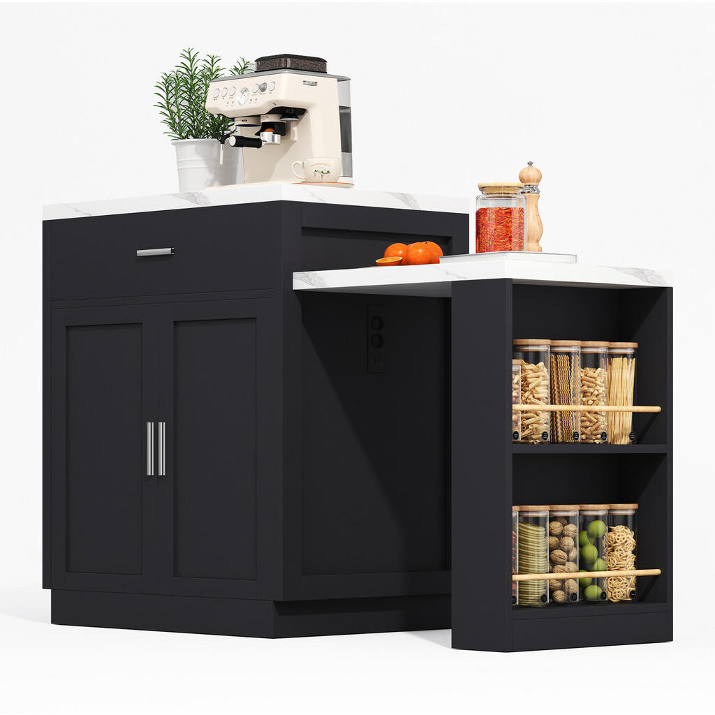 Redom KUCHYŇSKÝ ostrůvek 211/55/89,5 cm s výsuvným jídelním stolem pro 2–6 osob, zásuvkami a úložným prostorem, Černá