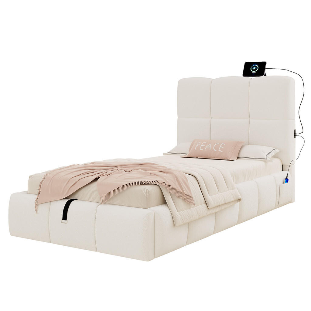FLIEKS ČALOUNĚNÁ POSTEL 90x200 Béžová Bouclé USB Hydraulika