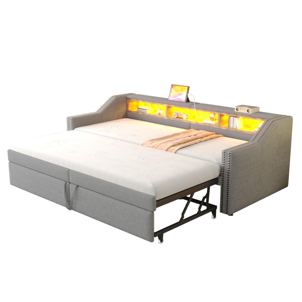 OKWISH ČALOUNĚNÁ postel 90/180 x 200 cm světle šedá z lněné tkaniny s výsuvným lůžkem, LED a USB