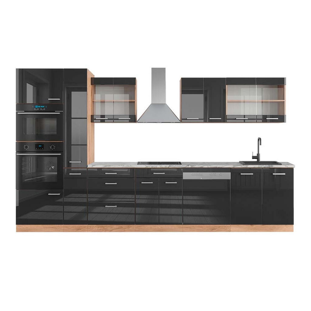 Vicco KUCHYŇSKÝ KOUT R-Line Antracitový vysoký lesk/zlatý dub power 350 cm s vysokou skříní, PD Mramor