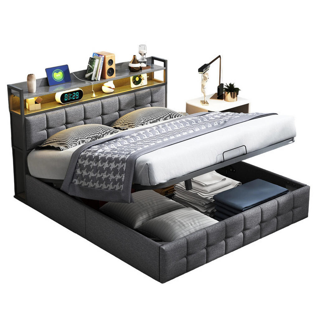 SHOPENTRA ČALOUNĚNÁ postel 160x200 cm Šedá lněná LED USB Type-C