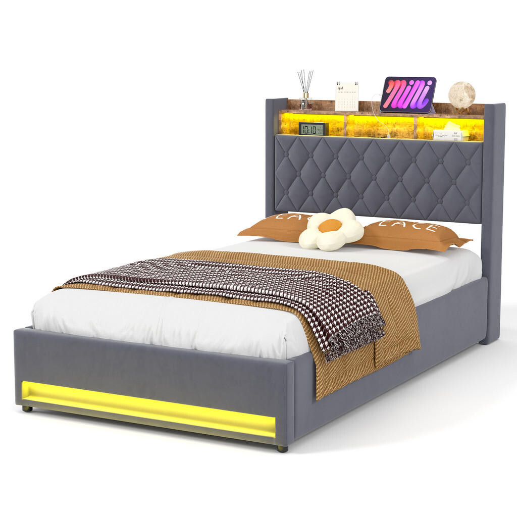 OKWISH ČALOUNĚNÁ postel 140/190 cm šedá s LED lištou osvětlení a USB porty