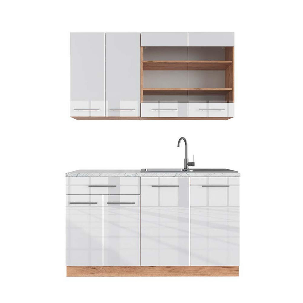 Vicco JEDNOTKOVÁ KUCHYNĚ Fame-Line Bílý vysoký lesk/zlatý dub power 140 cm , PD Mramor