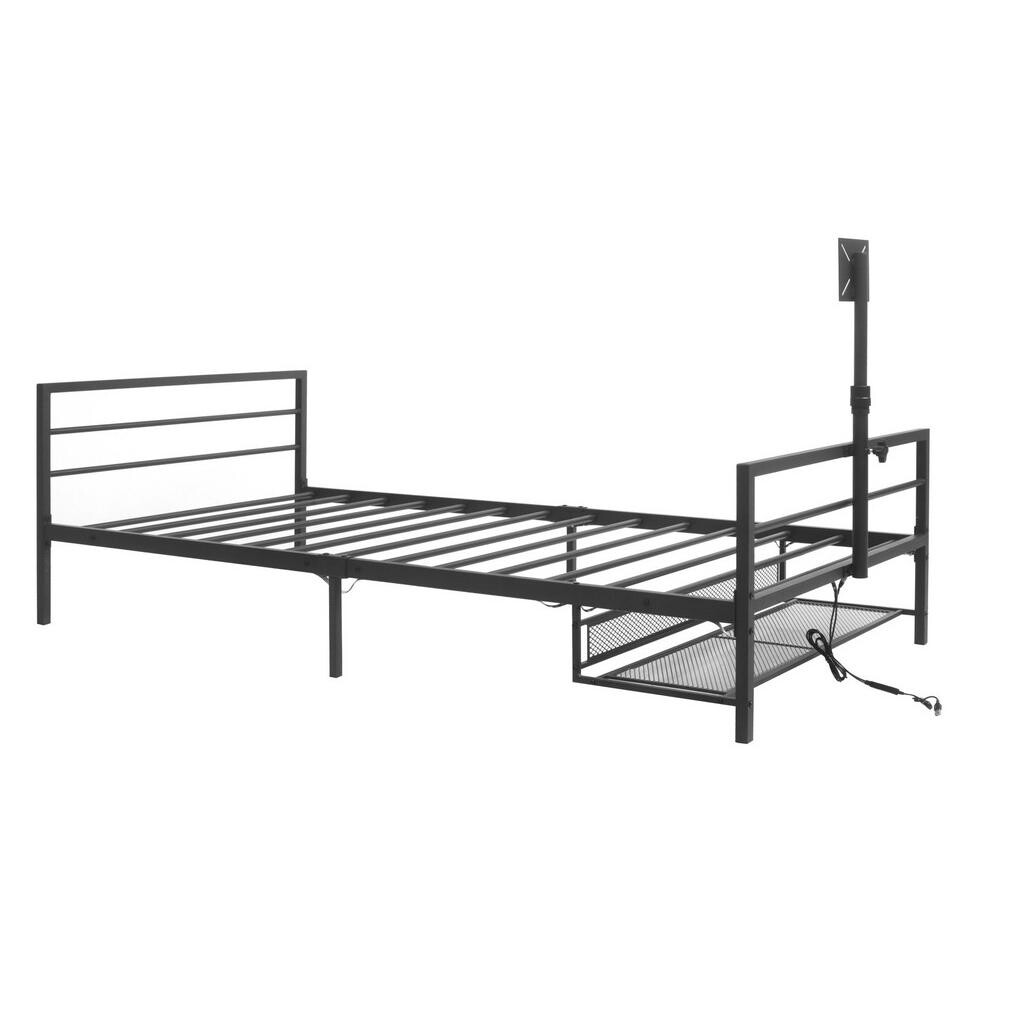 Redom KOVOVÁ postel 206 cm s LED osvětlením, nastavitelným držákem monitoru a úložným košem, černá