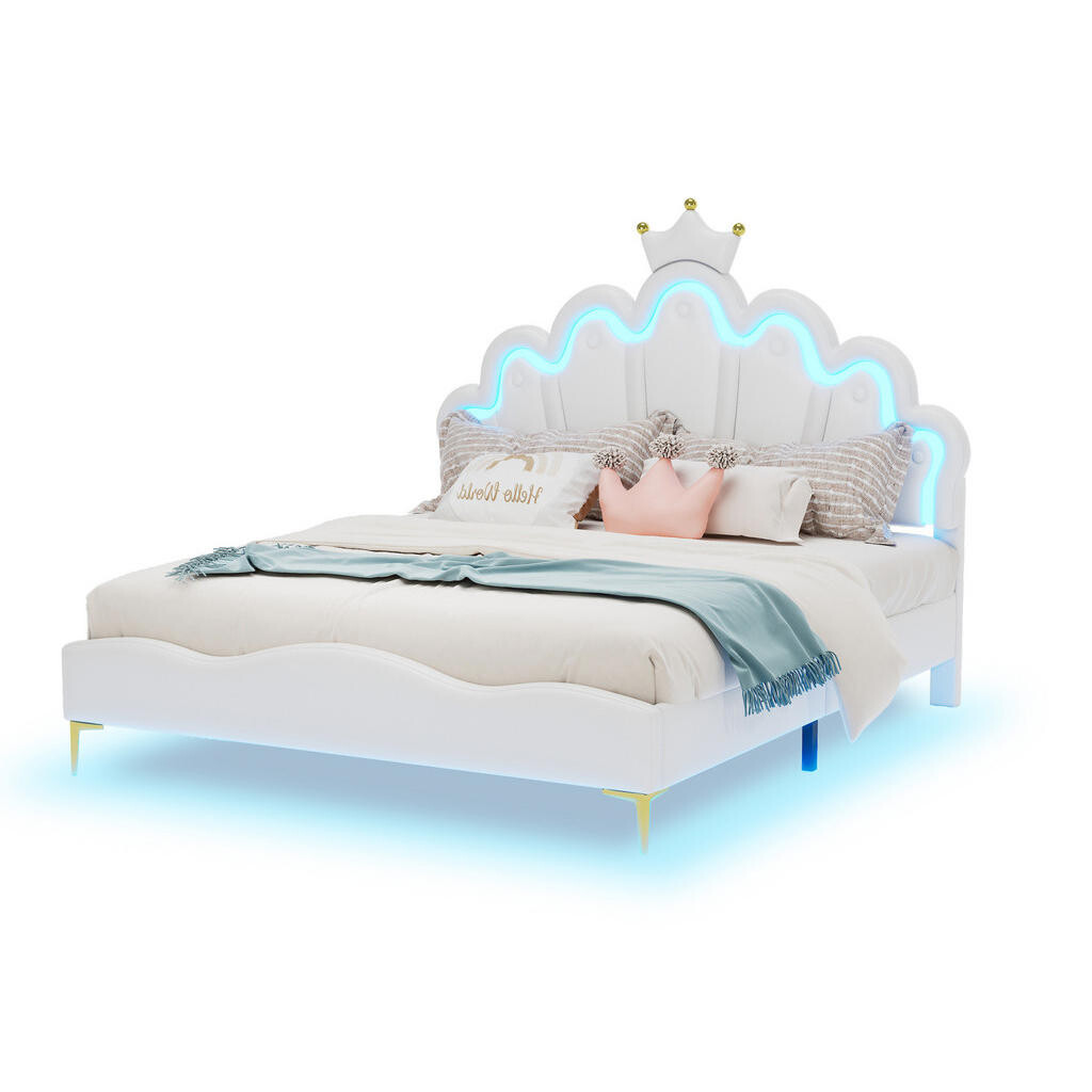 Redom ČALOUNĚNÁ postel 140/200 cm s LED osvětlením, tvar krone a obláčků, měkké čalounění PU, Bílá