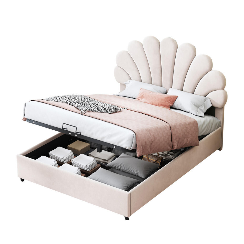 OKWISH ČALOUNĚNÁ postel 140/200 cm béžová ze sametu s květovaným čelem a hydraulickým úložným prostorem