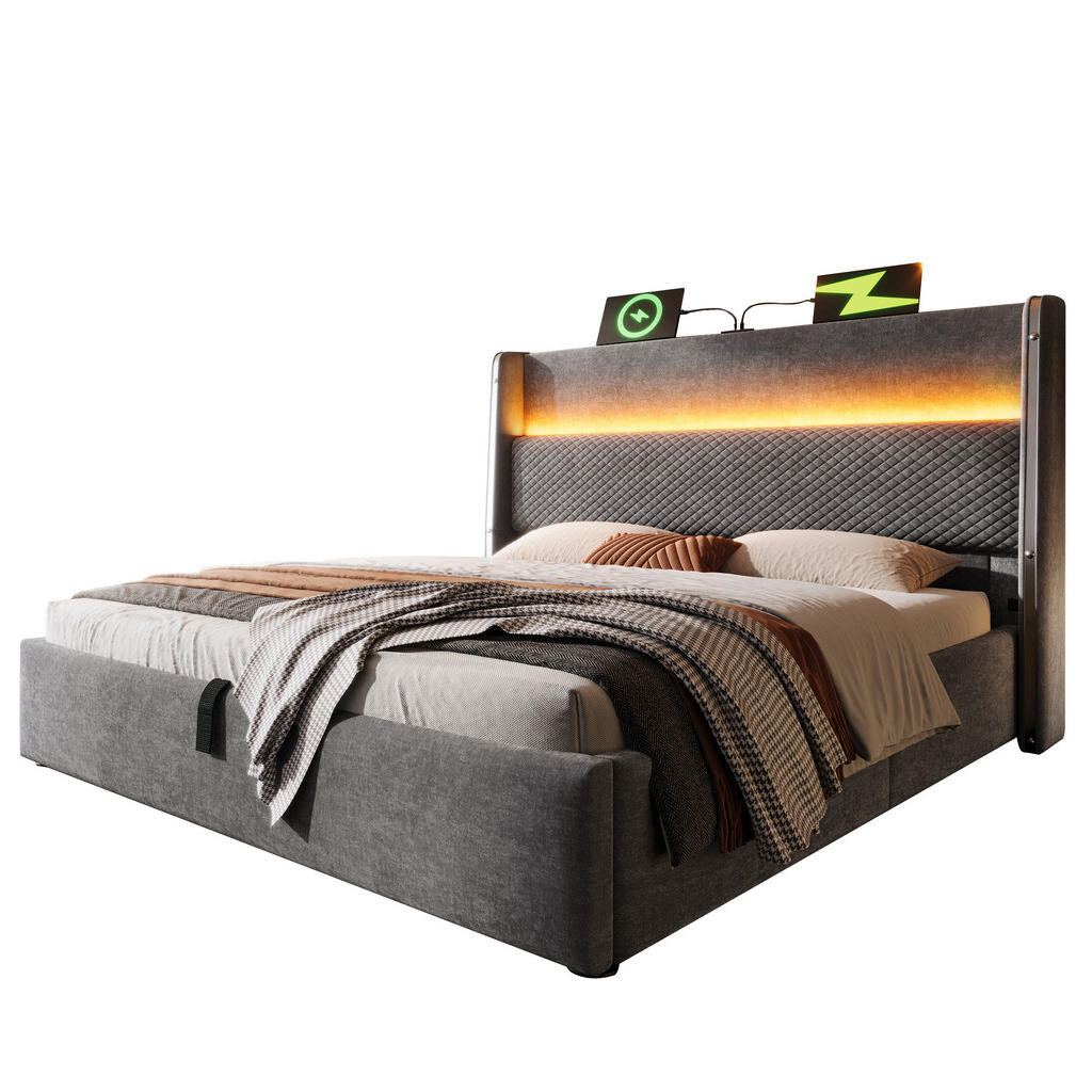 Redom ČALOUNĚNÁ postel 160/200 cm s LED osvětlením, USB a USB-C portem a hydraulickým úložným prostorem, Šedá