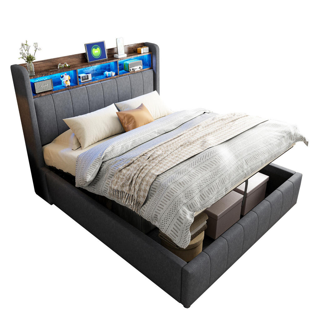 OKWISH ČALOUNĚNÁ postel 140/200 cm šedá z lněné tkaniny s LED osvětlením a úložným prostorem