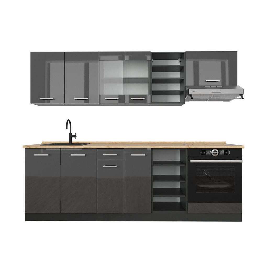 Vicco KUCHYŇSKÝ KOUT R-Line Antracit vysoký lesk/antracit 240 cm , PD Dub