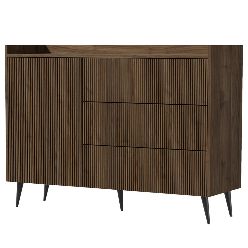 Beautysofa KOMODA Amfali s 1 dveřmi a 3 zásuvkami, systém Push-to-open, kovové nohy, 126 cm, ořechová barva