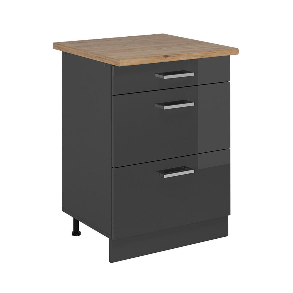 Vicco SPODNÍ SKŘÍŇKA KUCHYŇSKÉ LINKY R-Line Antracitový vysoký lesk 60 cm se zásuvkami, PD Dub