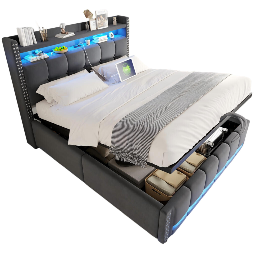 OKWISH ČALOUNĚNÁ postel 140/200 cm šedá z lněné tkaniny s LED, USB a úložným prostorem