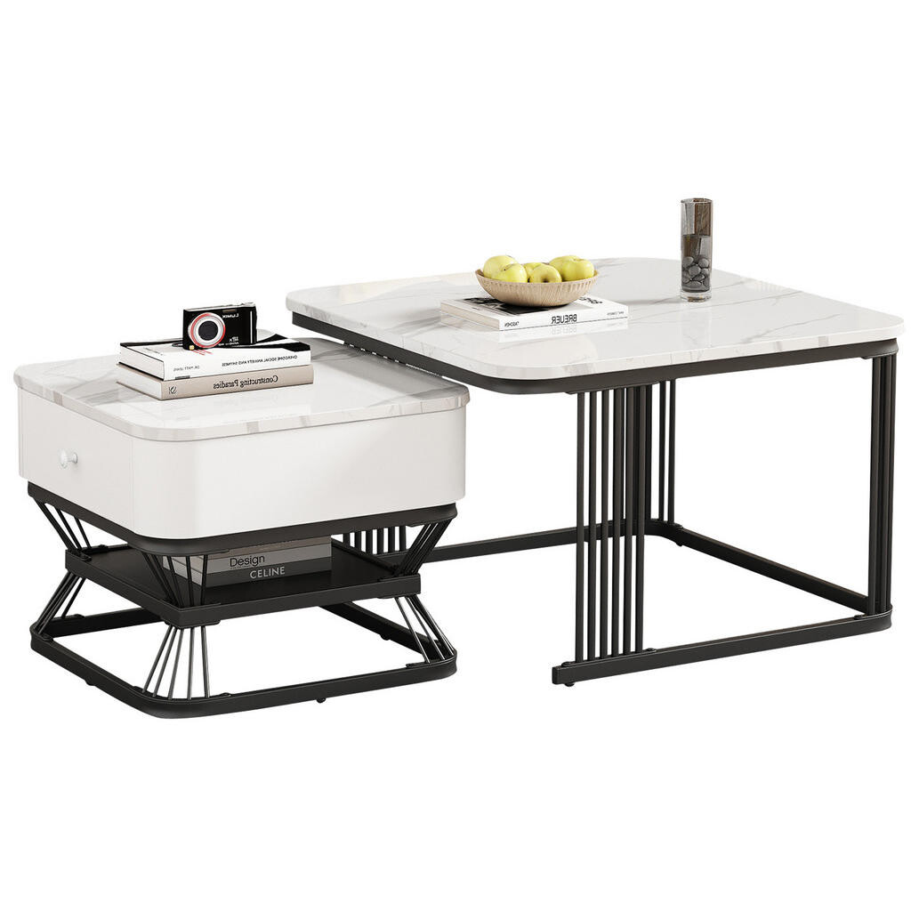 OKWISH SADA konferenčních stolků 70/70/45 cm bílá/černá z MDF a kovu se zásuvkou