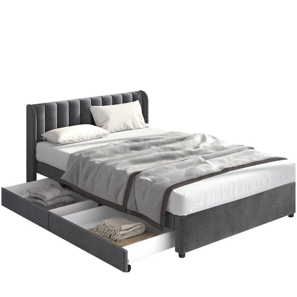 OKWISH ČALOUNĚNÁ postel 140/200 cm šedá ze sametu s lamelovým roštem a 2 zásuvkami