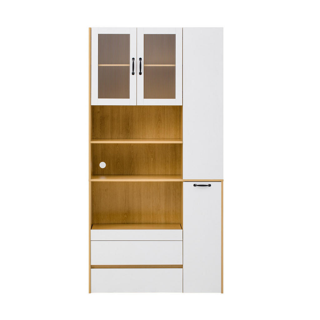 Redom VYSOKÁ komoda 100/40/200 cm se zásuvkami, výsuvnou policí a rýhovaným sklem z MDF, Bílá/Přírodní