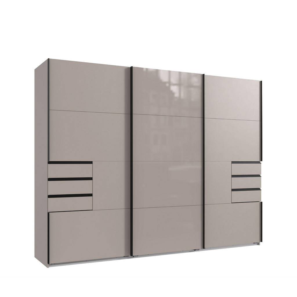 luma-home SKŘÍŇ S POSUVNÝMI DVEŘMI, 3dveřová, šířka 270 cm, výška 208 cm, hloubka 64 cm, pískově šedá, prostřední dveře skleněné, se zásuvkami / 22614