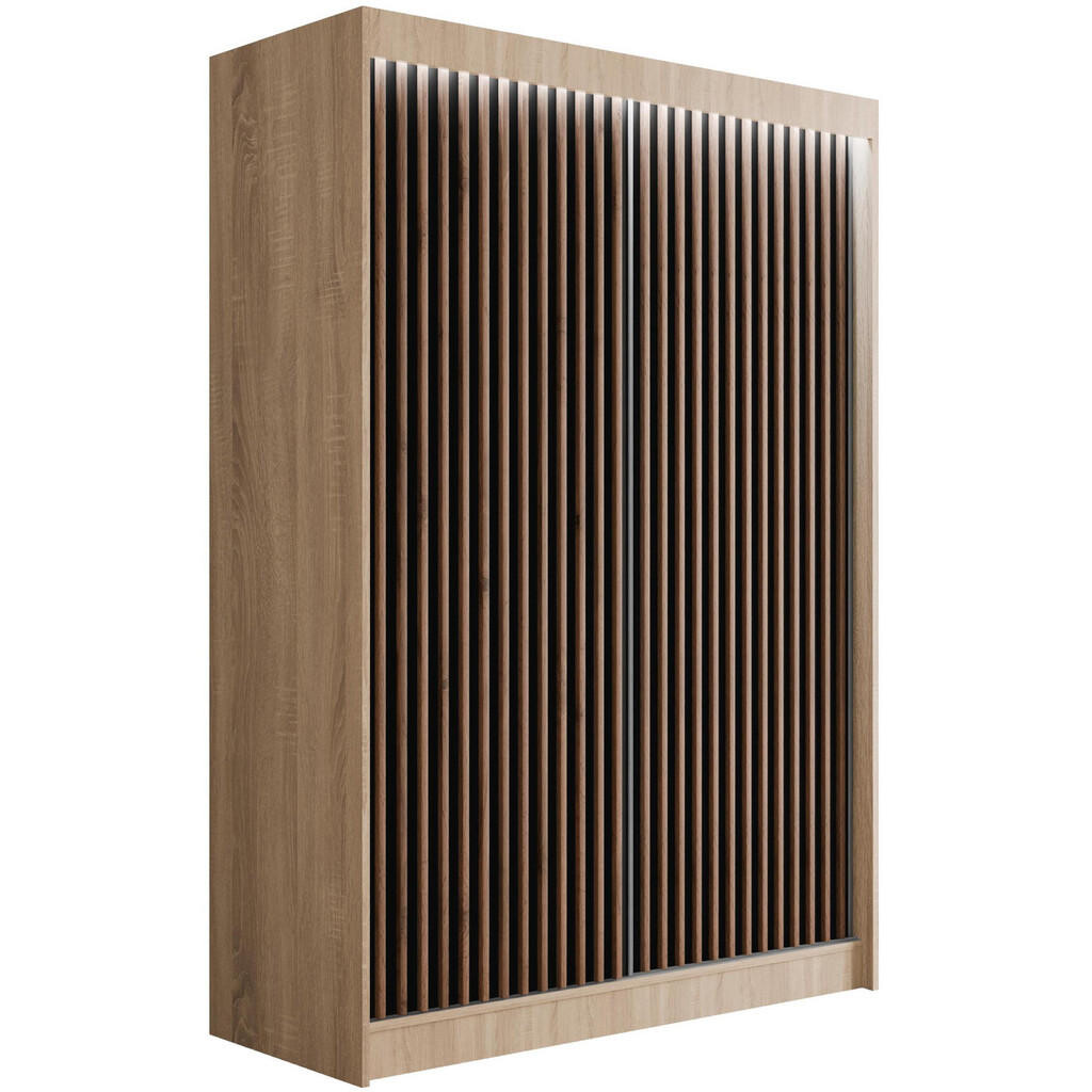 ALTDECOR ŠATNÍ SKŘÍŇ s LED osvětlením, lamelovými posuvnými dveřmi VILANv2 – 120 cm Sonoma dub + lamely z dubu wotan