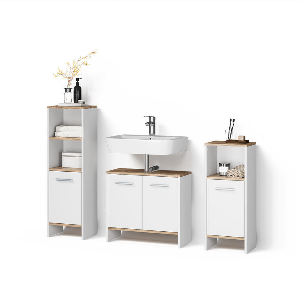 Livinity® KOUPELNOVÁ SESTAVA NÁBYTKU Amalfi, Bílá/Zlatý mocný dub, 3dílná