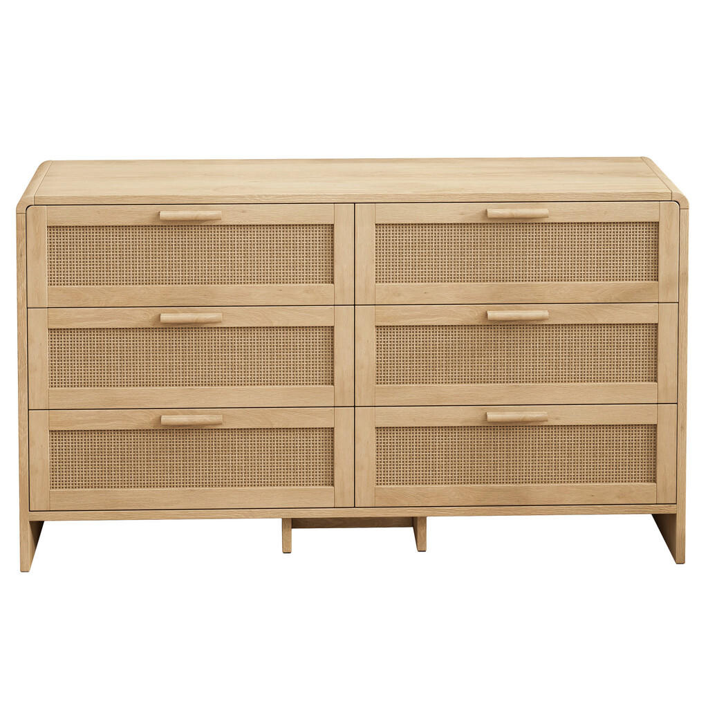 Urban Meuble SIDEBOARD dřevotříska v přírodní s ratanovým výpletem, zaoblené rohy a 6 zásuvek
