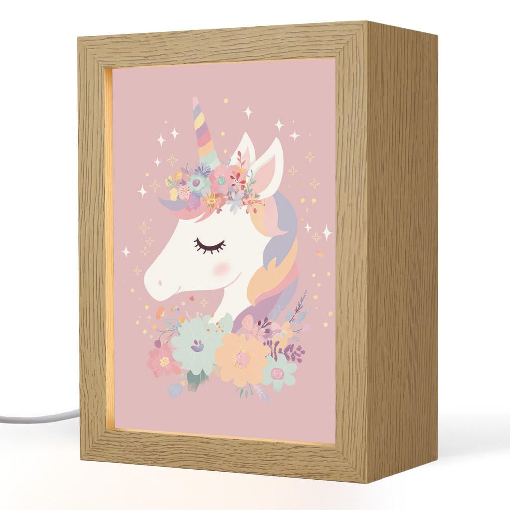 OnlyWow NOČNÍ LAMPIČKA Jednorožec - růžová - květiny 15x20 cm