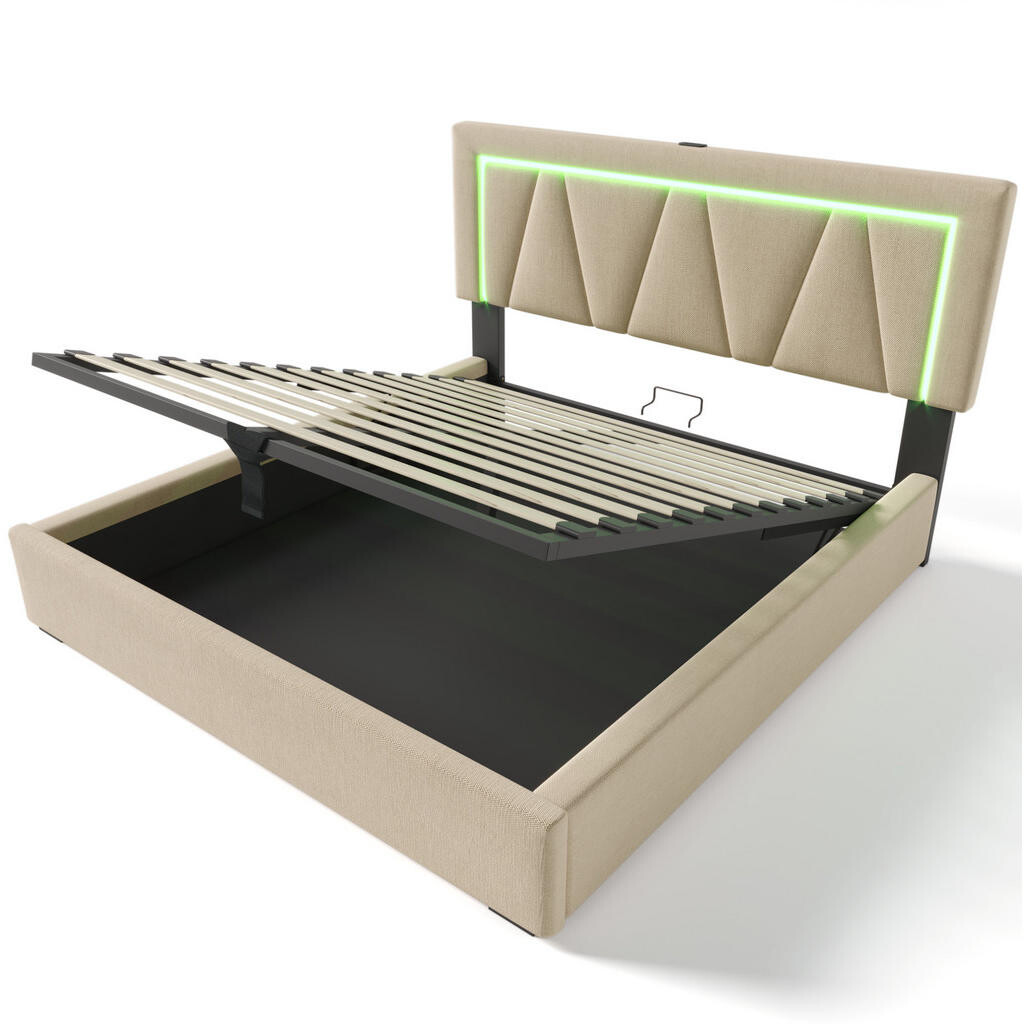 Redom ČALOUNĚNÁ postel 140x200 cm s LED osvětlením, USB a Type-C nabíjením, úložným prostorem a nastavitelným čelem, Béžová
