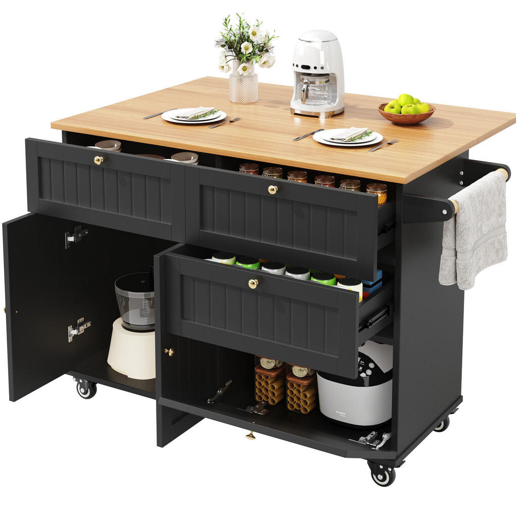 OKWISH KUCHYŇSKÝ ostrůvek 133/37,3/88 cm černý z MDF a kovu s úložným prostorem a kolečky