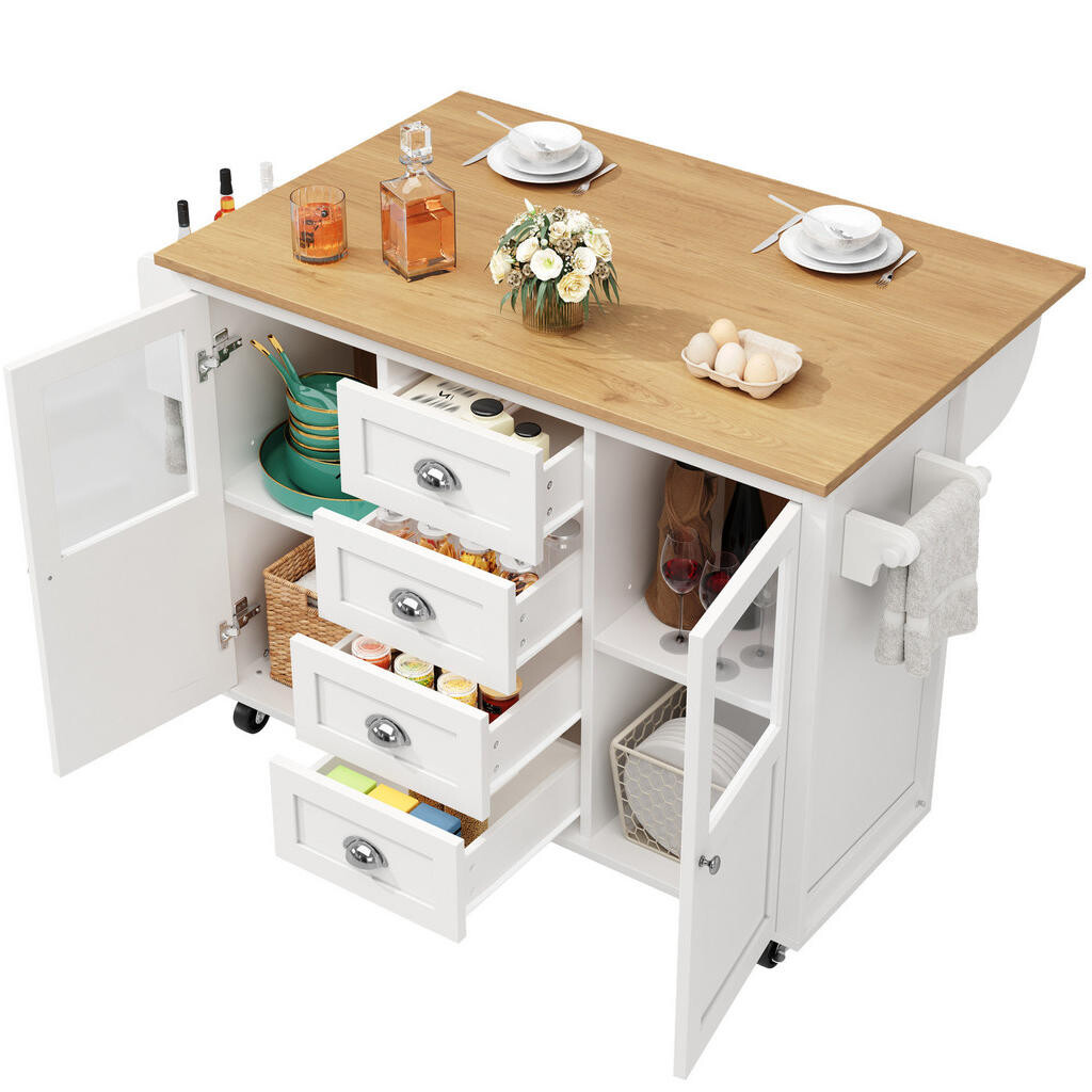 Redom KUCHYŇSKÝ ostrůvek 137,9/73/92,5 cm s klopnou deskou, úložným prostorem, kolečky a držákem na utěrky, Bílá