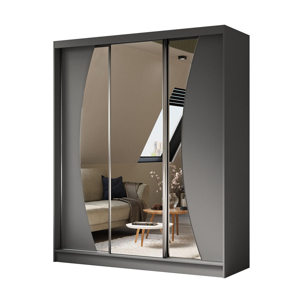ALTDECOR ŠATNÍ SKŘÍŇ s zrcadlovými posuvnými dveřmi a hliníkovými lamelami, LED osvětlení (- VOXI - 180 cm šedá