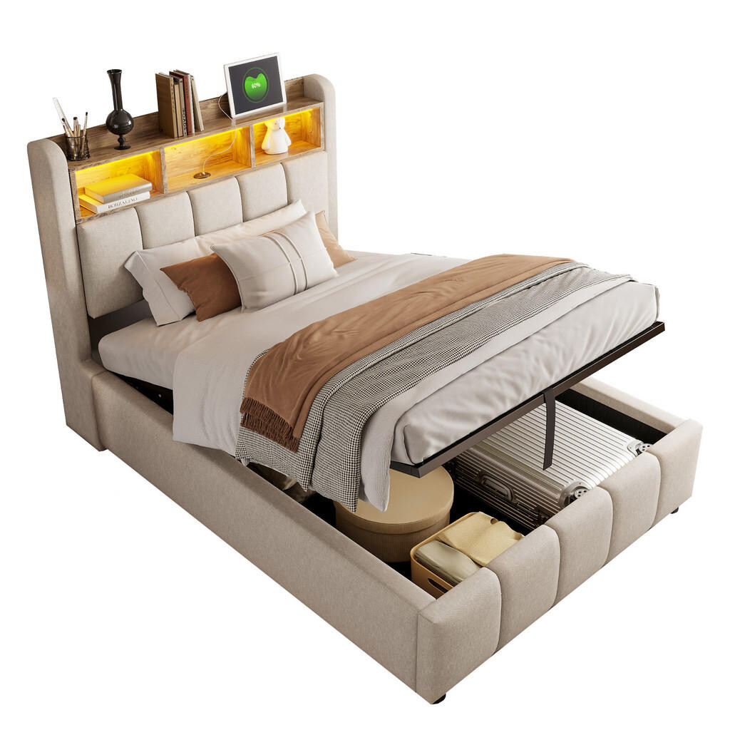 WISHDOR ČALOUNĚNÁ POSTEL 90x200 cm béžová s lněným vzhledem, úložným prostorem, LED osvětlením, USB a Type-C portem