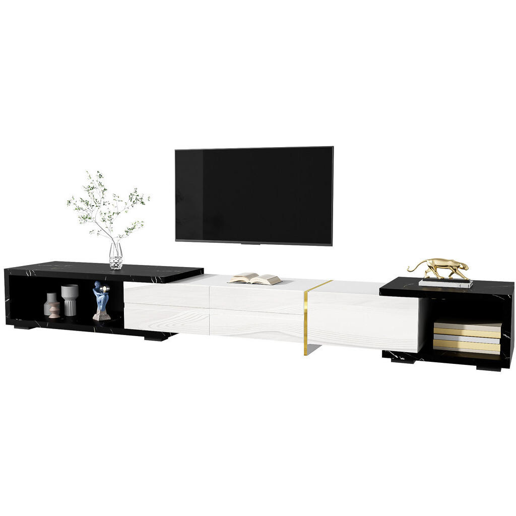 Redom TV stolek 140-260/40/30 cm s otočnou a variabilní délkou, mramorový dekor, vysoký lesk a zlaté detaily, Bílá/Černá