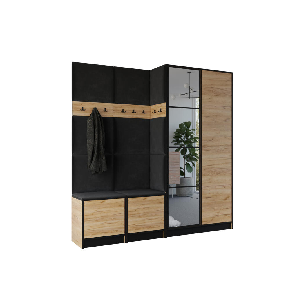 Kier Furniture ŠATNÍ SKŘÍŇ do předsíně EDEN 21 se zrcadlem - Dub Craft & Černá látka