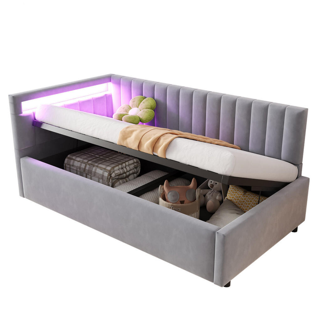 OKWISH ČALOUNĚNÁ postel 90/200 cm světle šedá z sametu s LED osvětlením a úložným prostorem