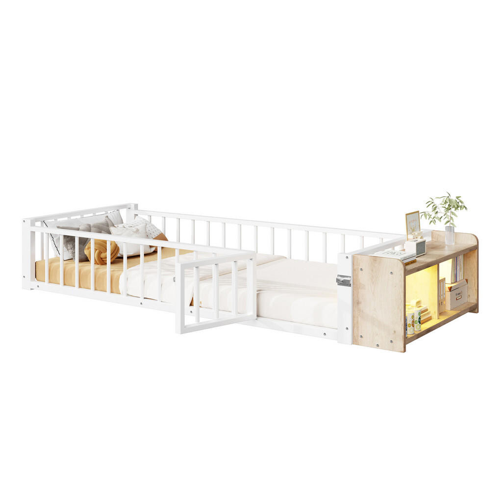 OKWISH DĚTSKÁ postel 90/200 cm bílá z kovu a MDF s ochranným zábradlím, LED osvětlením a úložným prostorem