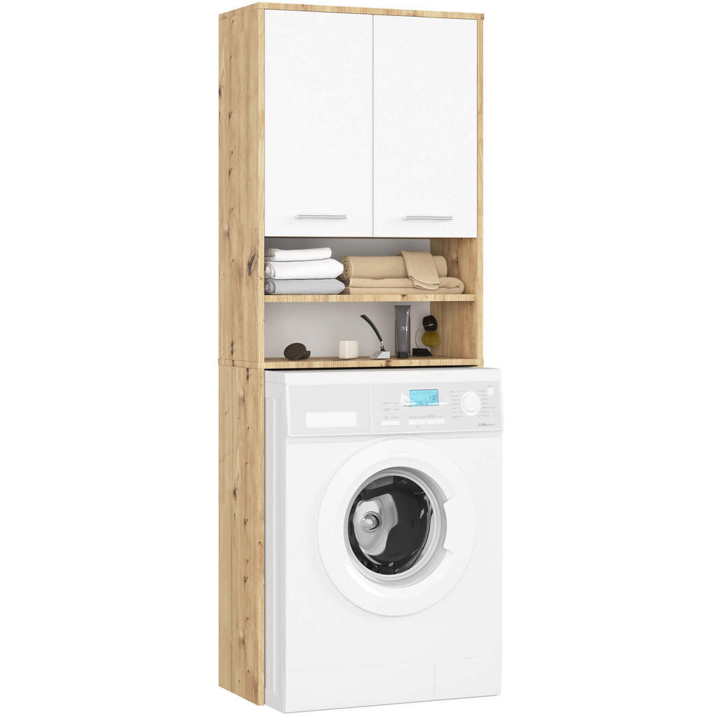 RAUMHIRSCH FURNITURE SKŘÍŇ NA PRAČKU se dvěma dvířky, 64 × 30 × 190 cm Aristan dub, bílá
