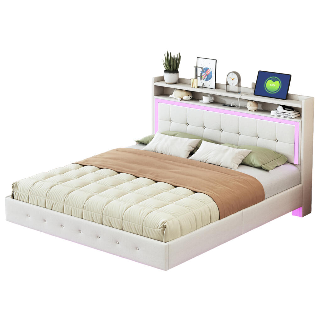 OKWISH ČALOUNĚNÁ postel 140/200 cm béžová z látky s USB zásuvkou a LED osvětlením