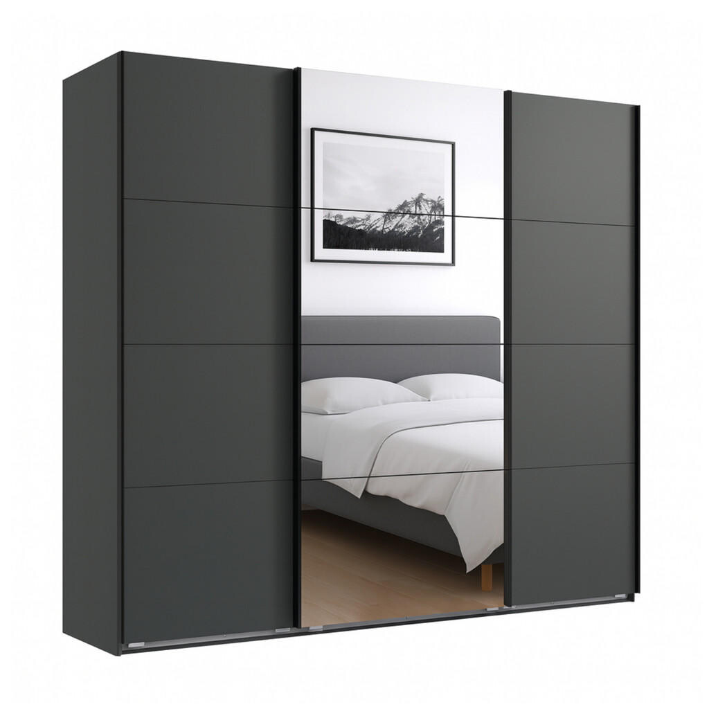 luma-home SKŘÍŇ S POSUVNÝMI DVEŘMI, 3dveřová, šířka 225 cm, výška 208 cm, hloubka 64 cm, v grafitové barvě, s jedním zrcadlovým křídlem / 22519