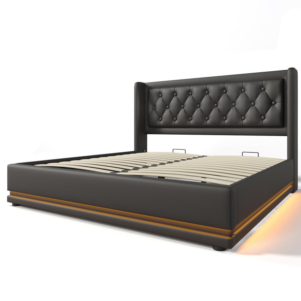 WISHDOR ČALOUNĚNÁ POSTEL 160/200 cm černá s úložným prostorem, LED osvětlením, USB portem a Type-C
