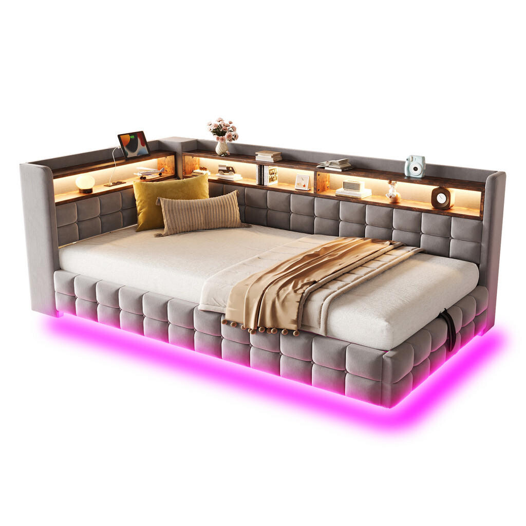 WISHDOR ČALOUNĚNÁ POSTEL 90x200 cm ve Světle Šedém Sametu s Úložným Prostorem, Regálem, LED, USB a Type-C