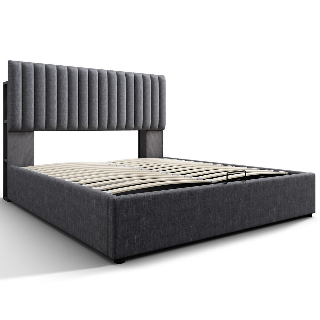 WISHDOR ČALOUNĚNÁ POSTEL 140 × 200 cm v šedém lnu s úložným prostorem, LED osvětlením a USB/USB-C